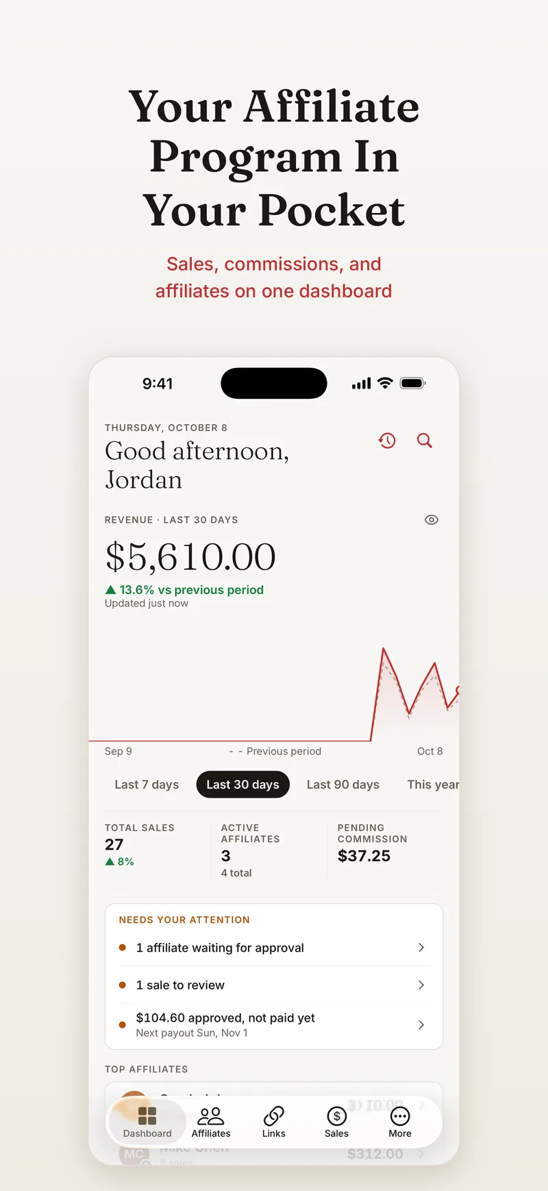 iPhone screenshot: revenue dashboard