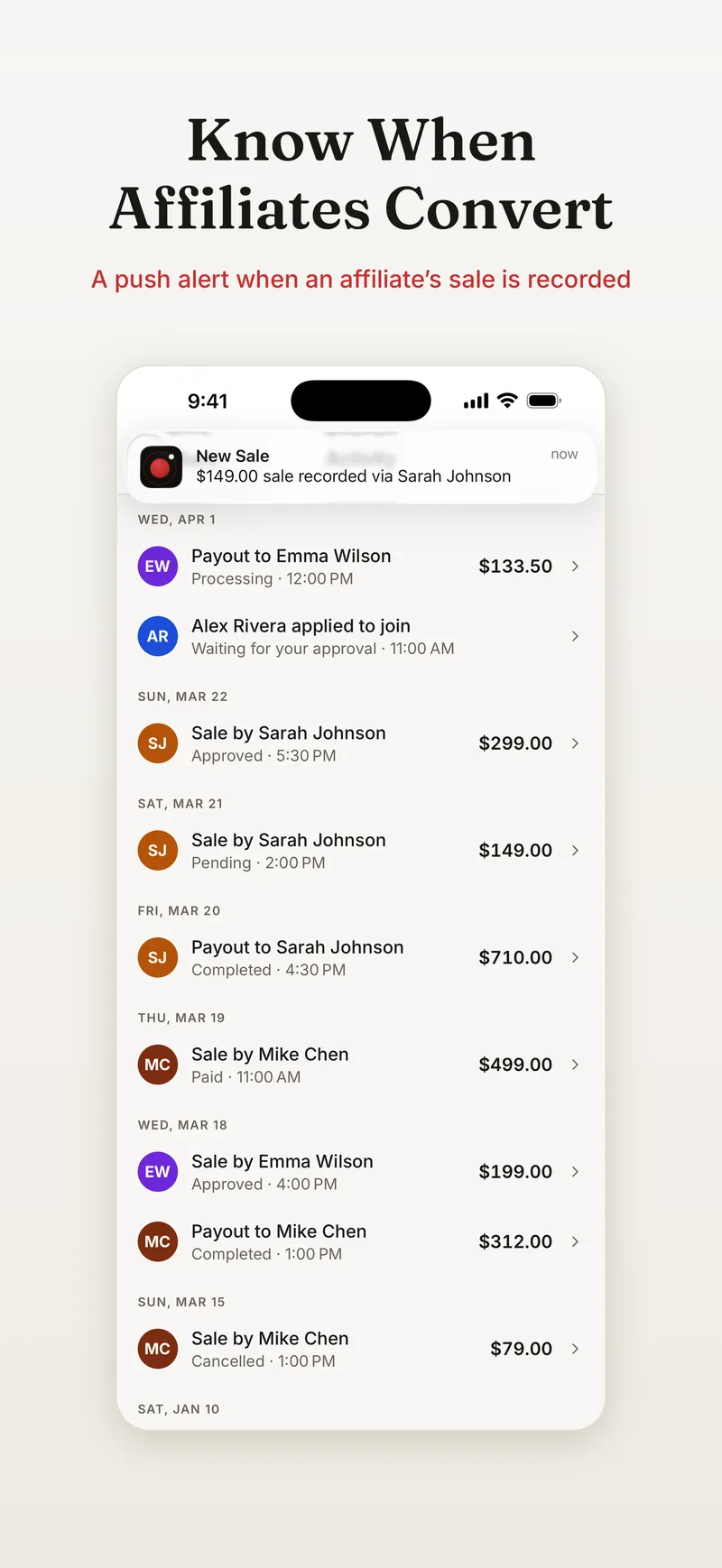 iPhone screenshot: push alert for a new affiliate sale