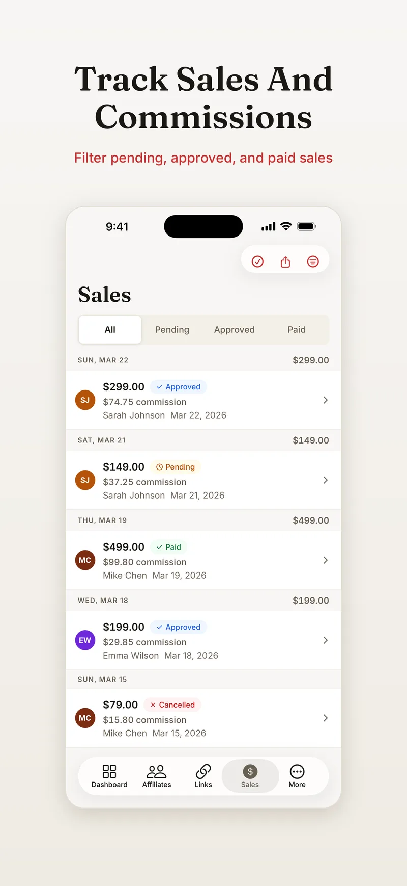 iPhone screenshot: sales and commissions list