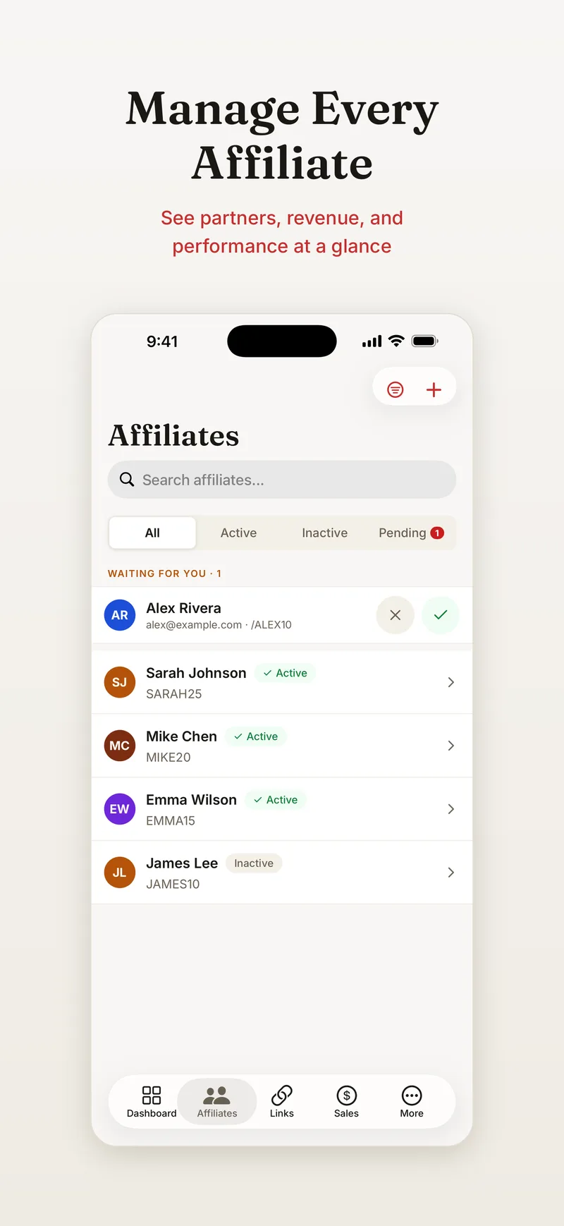 iPhone screenshot: affiliates list
